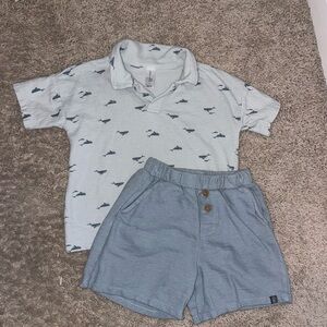Light Blue Whale Pattern Polo Shirt and Shorts Set